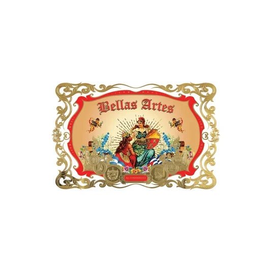 Bellas Artes-emblem med guldfärgad ornamentram, röd kant och klassiskt illustrerat figურmotiv på vit bakgrund – Cigarrshoppen