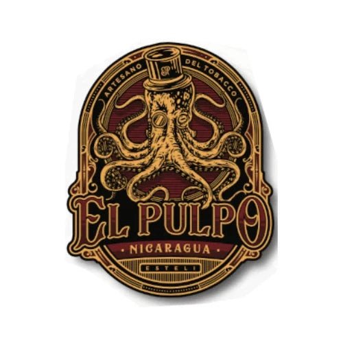 El Pulpo-emblem med guldfärgad bläckfisk i hög hatt, mörkröd bakgrund och texten Nicaragua – Cigarrshoppen