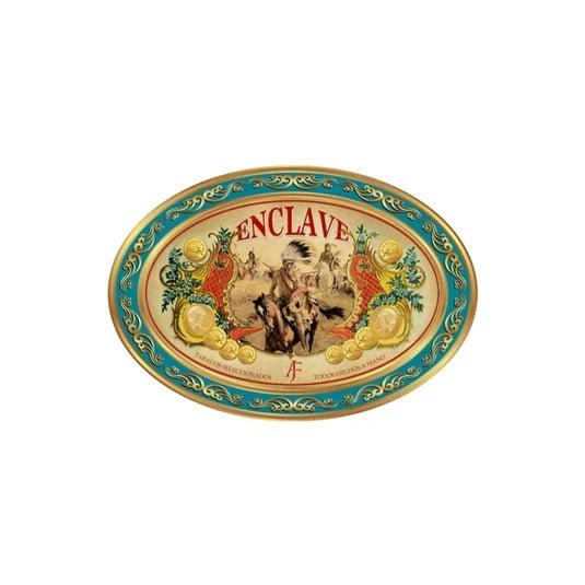 Ovalt Enclave-emblem med turkos och guldfärgad ram, medaljmotiv och illustrerad ryttare på vit bakgrund – Cigarrshoppen