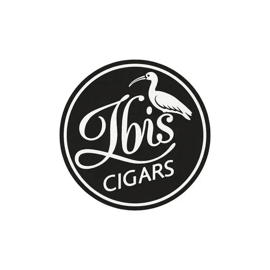 Rund, svartvit Ibis Cigars-logotyp med en ibisfågel och namnet i skrivstil på vit bakgrund – Cigarrshoppen