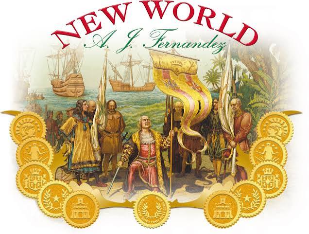 AJ Fernandez New World-logotyp med historiskt landstigningsmotiv, segelfartyg och guldmedaljer.