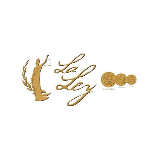 Guldfärgad La Ley-logotyp med skrivstil, figur med våg, lagerkvist och tre medaljer på vit bakgrund – Cigarrshoppen