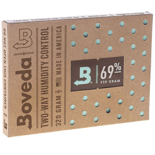 Boveda 69% fuktpåse 320g – stor tvåvägs fuktreglering för humidor, håller 69% RH för 100–150 cigarrer i trähumidor, livslängd 6–12 månader