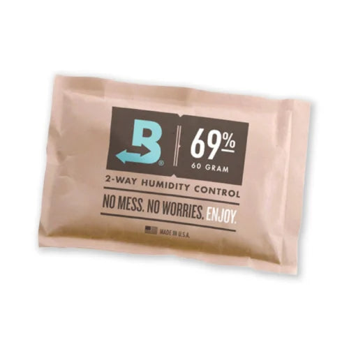 Boveda 69% fuktpåse 60g – tvåvägs fuktreglering för humidor, håller 69% RH för kubanska cigarrer, räcker för 25 cigarrer i 2–4 månader