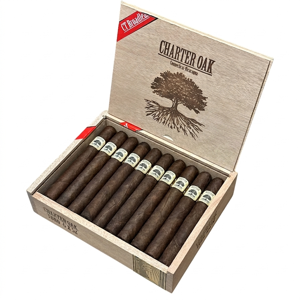 Foundation Charter Oak Broadleaf Toro – nicaraguansk premiumcigarr med Connecticut Broadleaf Maduro-täckblad, medium till fyllig styrka, smaker av mörk choklad, kaffe och läder