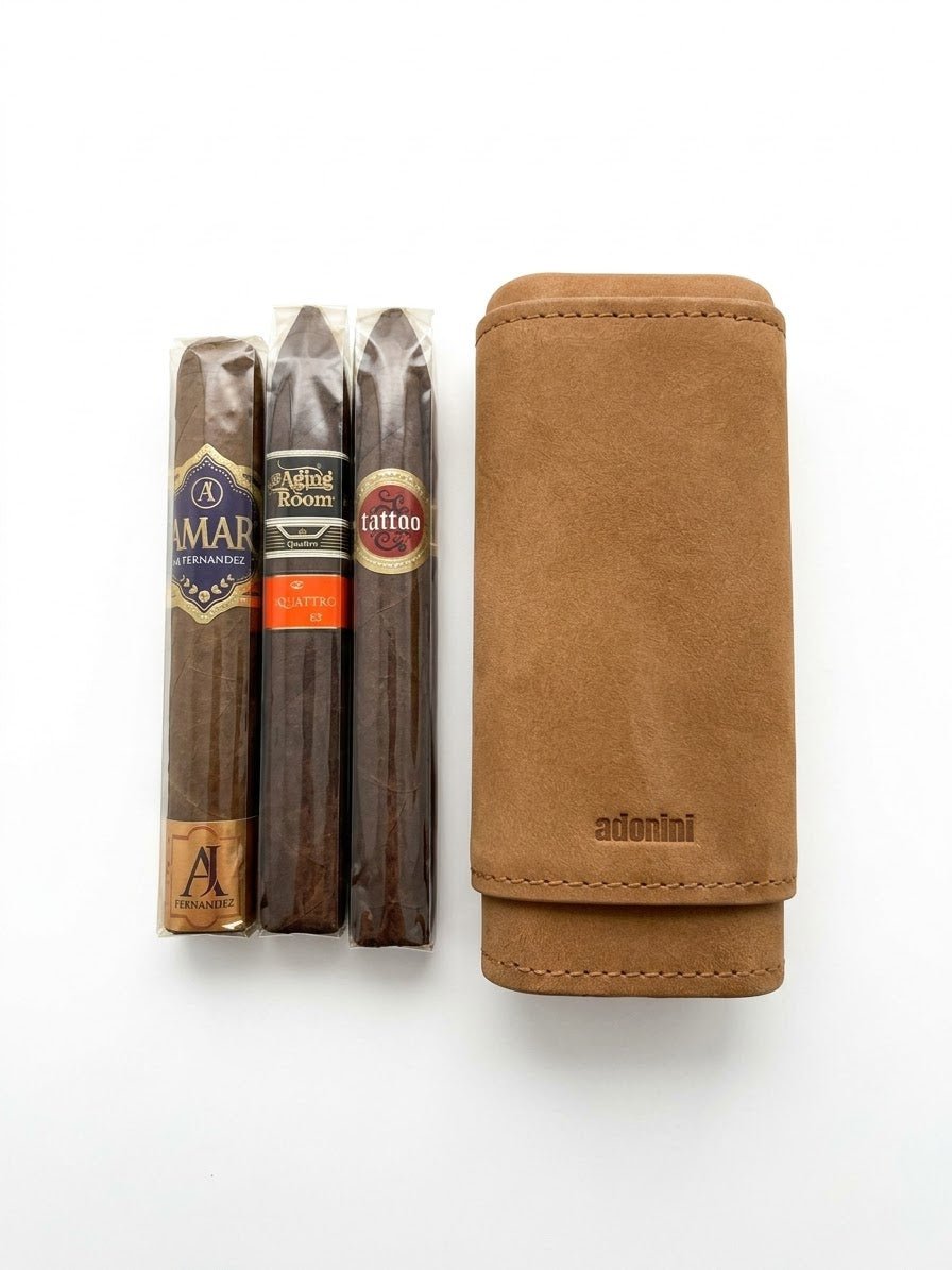 Fars dag-kit med tre cigarrer från Nicaragua i Robusto- och Torpedo-format, kakaotoner och Adorini läderfodral