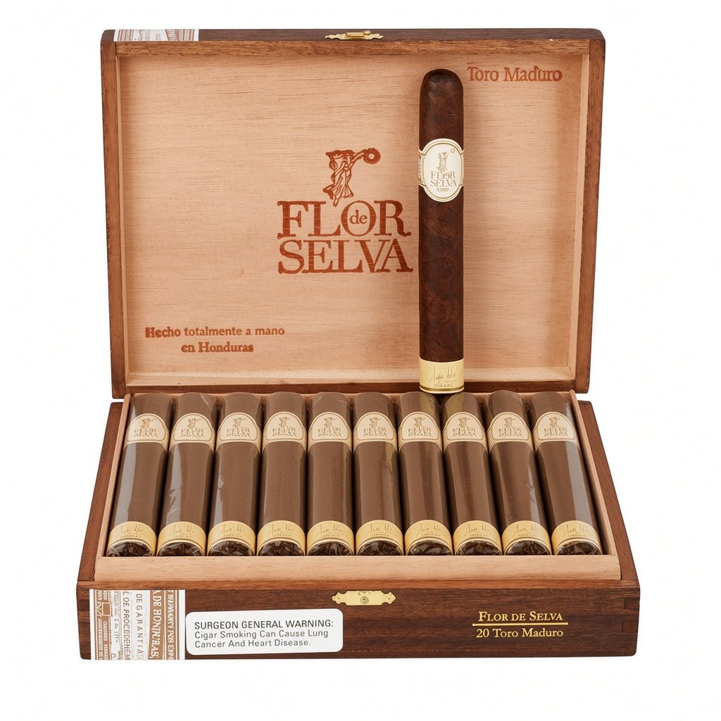 Öppen trälåda med Flor de Selva Colección Tempo Maduro Toro från Honduras, medium–fylliga cigarrer med choklad och kaffe