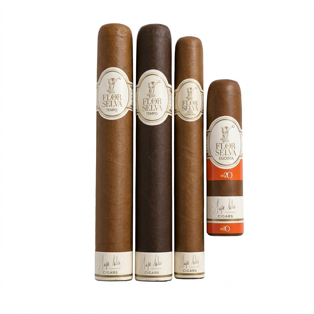 Flor de Selva provpaket: fyra cigarrer från Honduras i olika format, mild–fyllig styrka, toner av trä, kaffe och choklad
