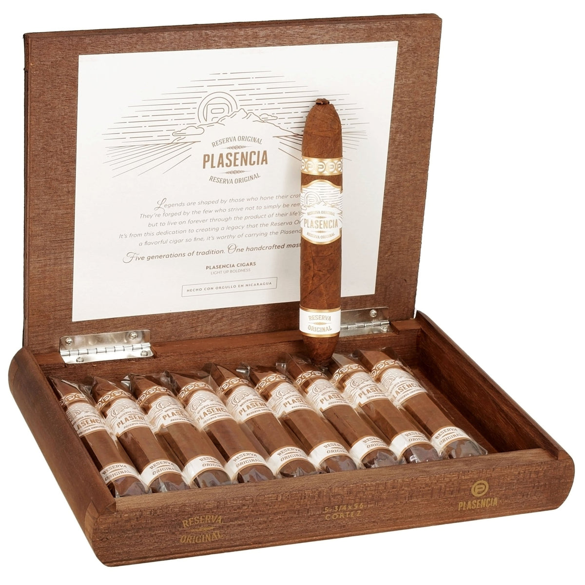 Plasencia Reserva Original Cortes i trälåda, Perfecto från Nicaragua, mild–medium med toner av ceder, nötter och kakao.