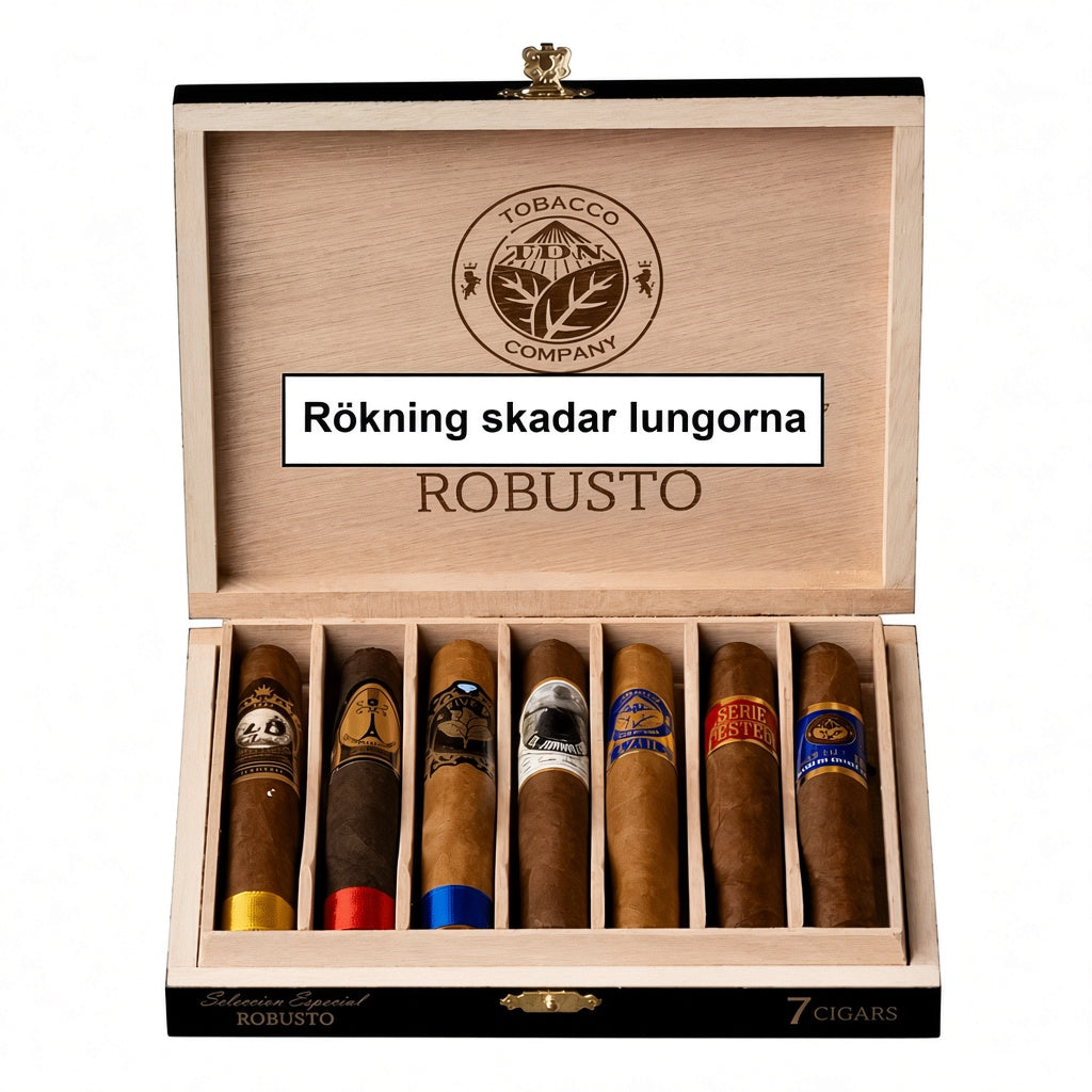 Torres De Nicaragua Robusto Sampler, 7 cigarrer i träask, mild till fyllig styrka med toner av ceder, kaffe och choklad