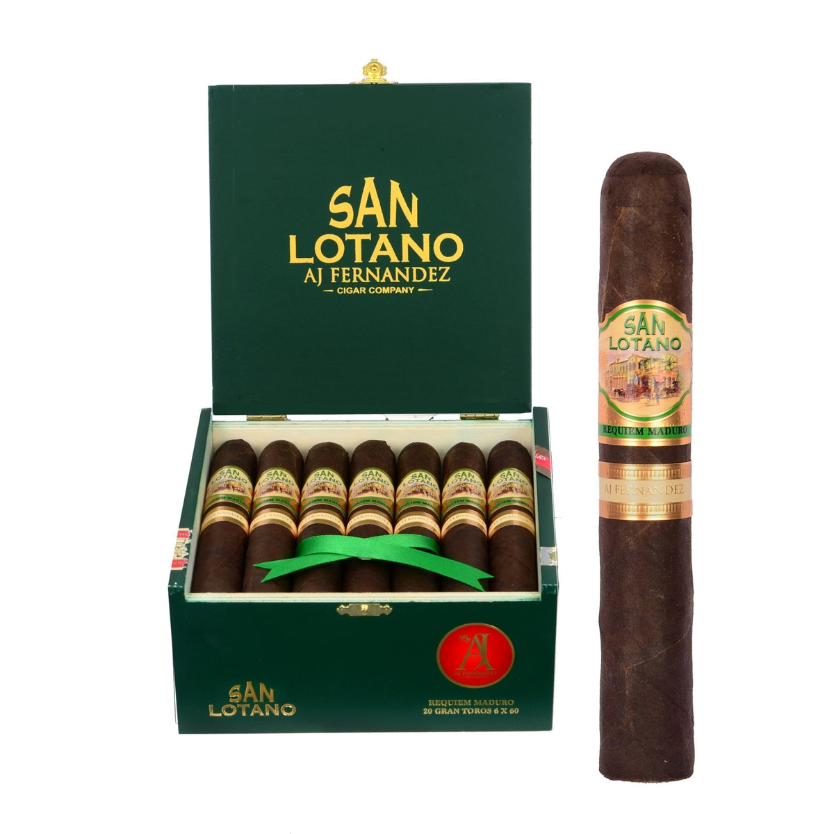 San Lotano Requiem Maduro Toro från Nicaragua, cigarr med mörkt täckblad bredvid öppen grön cigarrlåda.